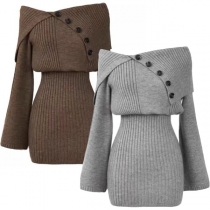Fashion Off-the-shoulder Long Sleeve Button Knitted Sweater Dress
