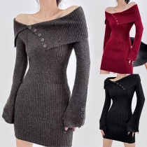 Sexy Lapel Strapless Button Long Sleeve Ribbed Sweater Dress