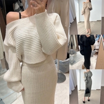 Fashion Knitted Two-piece Set Consist of Crop Sweater and Slim-fit Skirt