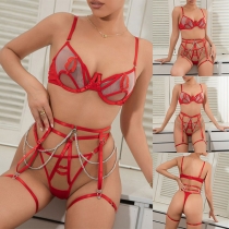 Sexy Lip Embroidery Chain Tassel Three-piece Lingerie Set
