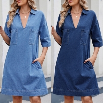 Fashion Stand Collar V-neck Short Sleeve Patch Pockets Mini Denim Dress