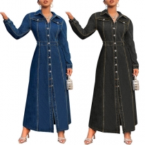 Fashion Stand Collar Long Sleeve Cinch Waist Front Button Slit Maxi Denim Dress