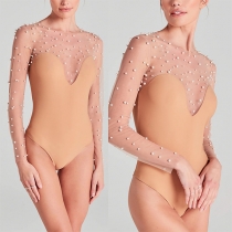 Sexy Semi-through Gauze Spliced Bead Shaping Bodysuit for Wedding and Evening Dresses