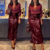 Fashion Two-piece Set Consist of Shirt and Sequin Skirt with Back Slit