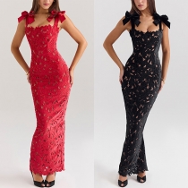 Sexy Bowknot Square Neck Hollow Out Lace Bodycon Dress