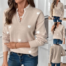 Fashion Heart Pattern Lace Spliced V-neck Long Sleeve Sweater