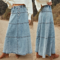 Fashion Elastic Waist Front Button Tiered Old-washed Denim Skirt