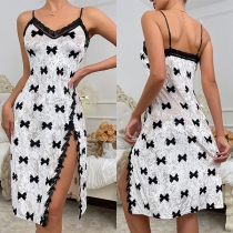 Fashion Bowknot Printed Lace Spliced V-neck Side Slit Nightwear Dress