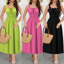 Fashion Ruffle Square Neck Cinched Waist High-rise Sleeveless Midi Dress