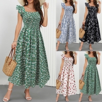 Fashion Floral Printed Square Neck Ruffle Sleeveless Smocked Bodice High-rise Midi Dress