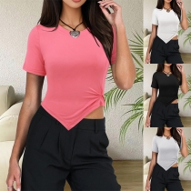 Fashion Crew Neck Short Sleeve Cutout Irregular Hemline Crop Shirt