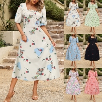 Fashion Square Neck Short Sleeve Floral Printed Midi Dress