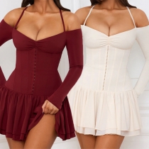 Fashion Solid Color Halterneck Backless Long Sleeve Ruffle Hemline Cinch Waist Mini Dress