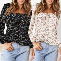 Fresh Style Floral Printed Square Neck Long Sleeve Shirt