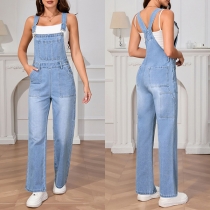 Fashion Patch Pockets Straight-cut Old-washed Denim Adjustable Suspender Jumpsuit
