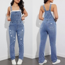 Fashion Distreeted Patch Pockets Old-washed Denim Adjustable Suspender Jumpsuit