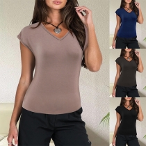 Fashion Solid Color V-neck Cap Sleeve Shirt