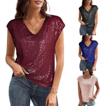 Fashion Sequined V-neck Sleeveless Shirt