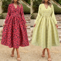 Fashion Floral Printed V-neck Long Sleeve High-rise Maxi Dress