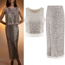 Fashion Bling-bling Sequin Two-piece Set Consist of Sleeveless Crop Top and Maxi Skirt