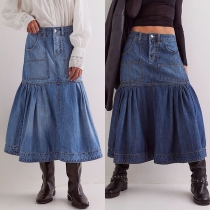 Fashion High-rise Patch Pockets Ruffle Hemline Old-washed Denim Skirt