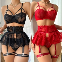 Sexy Cutout Ruffle Three-piece Lace Lingerie Set