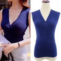 Fashion Solid Color V-neck Sleeveless Ribbed Shirt