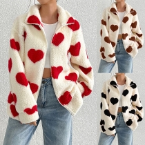 Fashion Heart Pattern Stand Collar Long Sleeve Plush Jacket