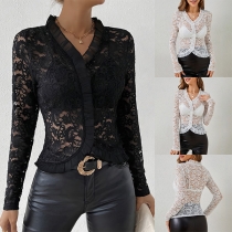 Sexy Semi-through Ruffle Hemline Lace Shirt