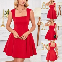 Fashion Square Neck Sleeveless Ruffle Dress