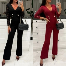 Fashion V-neck Lace Spliced Long Sleeve Double-breasted Jumpsuit