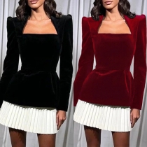 Fashion Square Neck Puff Long Sleeve Contrast Color Pleated Hemline Mini Dress