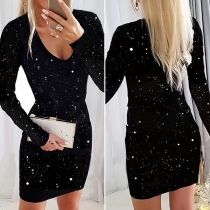 Fashion Bling-bling V-neck Long Sleeve Bodycon Dress