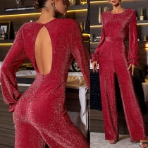 Sexy Bling-bling Crew Neck Puff Long Sleeve High-rise Backless Straight-cut Jumpsuit