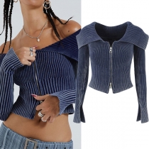 Sexy Lapel Collar Long Sleeve Front Zipper Ribbed Crop Shirt