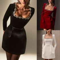 Sexy Rhinestone Floral Decoration Square Neck Long Sleeve Side Pockets Mini Dress
