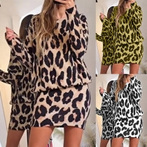 Sexy Leopard Printed Crew Neck Long Sleeve Mini Dress