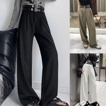Fashion Solid Color Straight-cut Pants with Belts