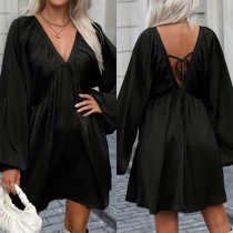 Casual V-neck Long Sleeve Backless Cinch Waist Mini Dress