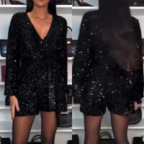 Sexy Bling-bling Sequined V-neck Long Sleeve Romper