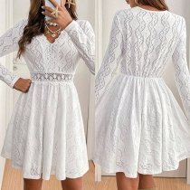 Fashion Lace Spliced Hollowout V-neck Long Sleeve White Dress