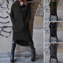 Casual Drawstring Hooded Long Sleeve Kangaroo Pockets High-low Hemline Sweatshirt Dress