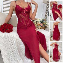 Sexy Lace Spliced V-neck Backless Side Slit Nightwear Slip Dress