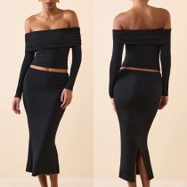 Sexy Two-piece Set Consist of Off-the-shoulder Crop Shirt and Back Slit Skirt