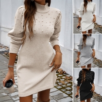 Fashion Beaded Mock neck Long Sleeve Sweater Dress