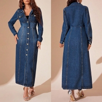 Fashion Stand Collar Long Sleeve Cinch Waist Front Button Old-washed Denm Maxi Dress