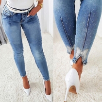 Fashion Butterfly Old-washed Denim Skinny Jeans