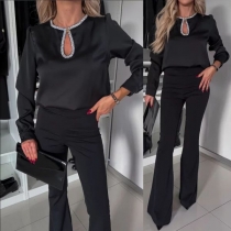 Fashion Bling-bling Crew Neck Front Cutout Long Sleeve Shirt