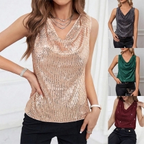 Fashion Bling-bling Sequined Draped Neckline Sleeveless Shirt