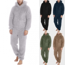 Fashion Solid Color Hooded Long Sleeve Patch Pockets Front Zipper Warm Plush Pajamas Jumpsuit for Men